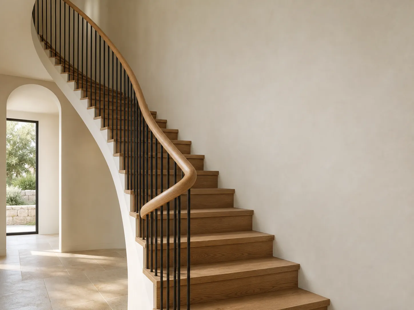 Illustrative residential stair interior with a wood handrail