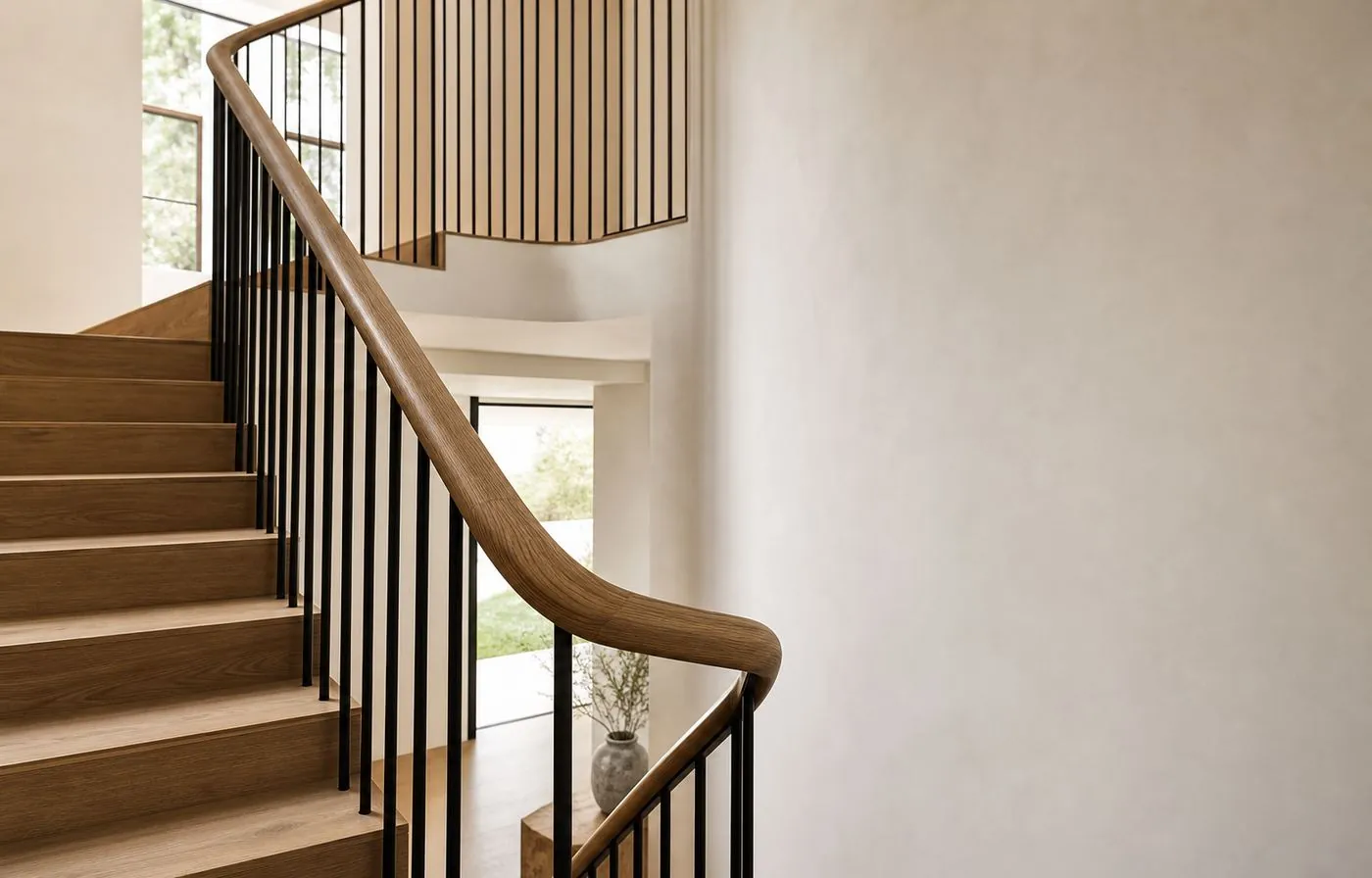 Illustrative architectural stairwell with wood handrail