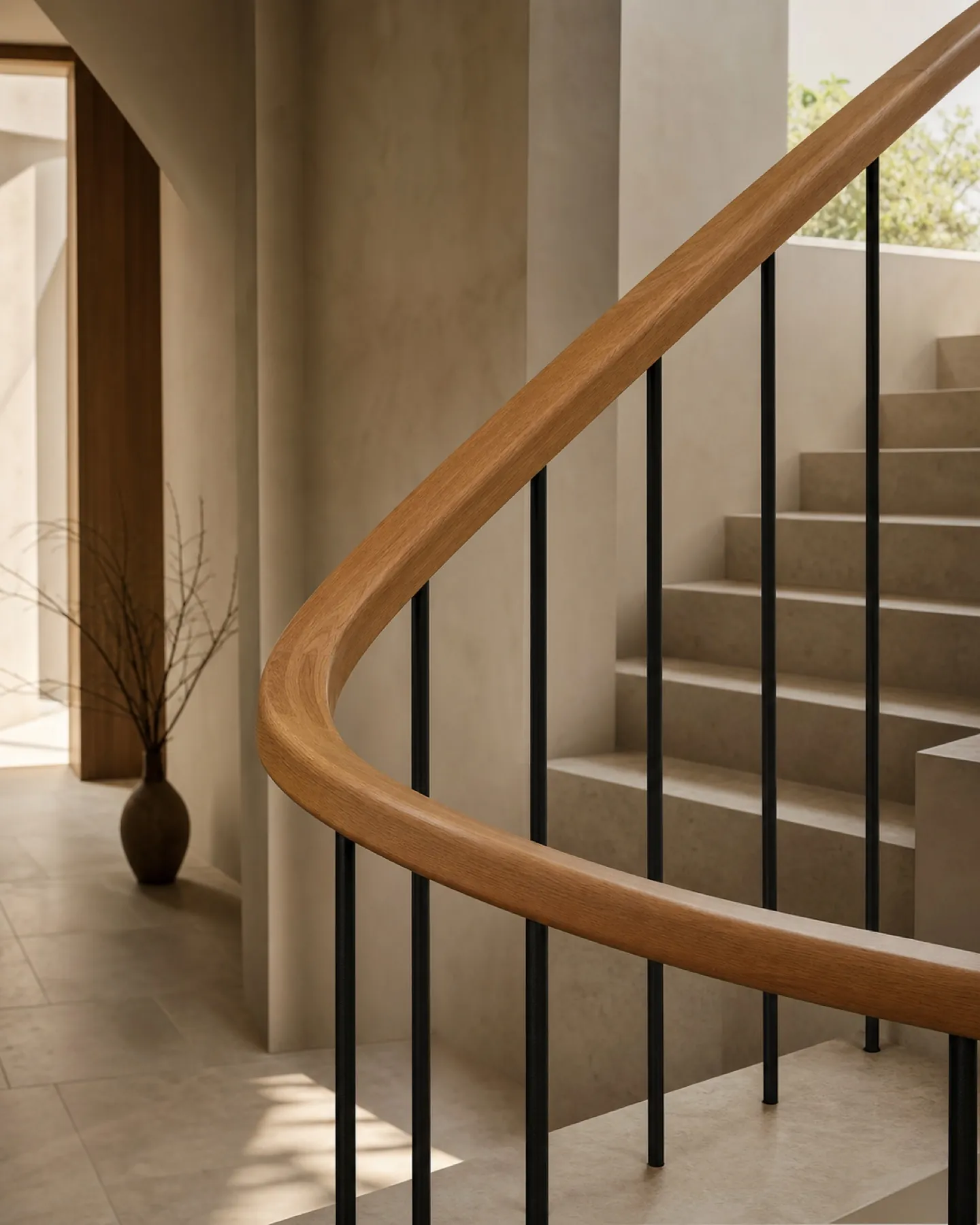 Illustrative architectural stairwell with timber handrail